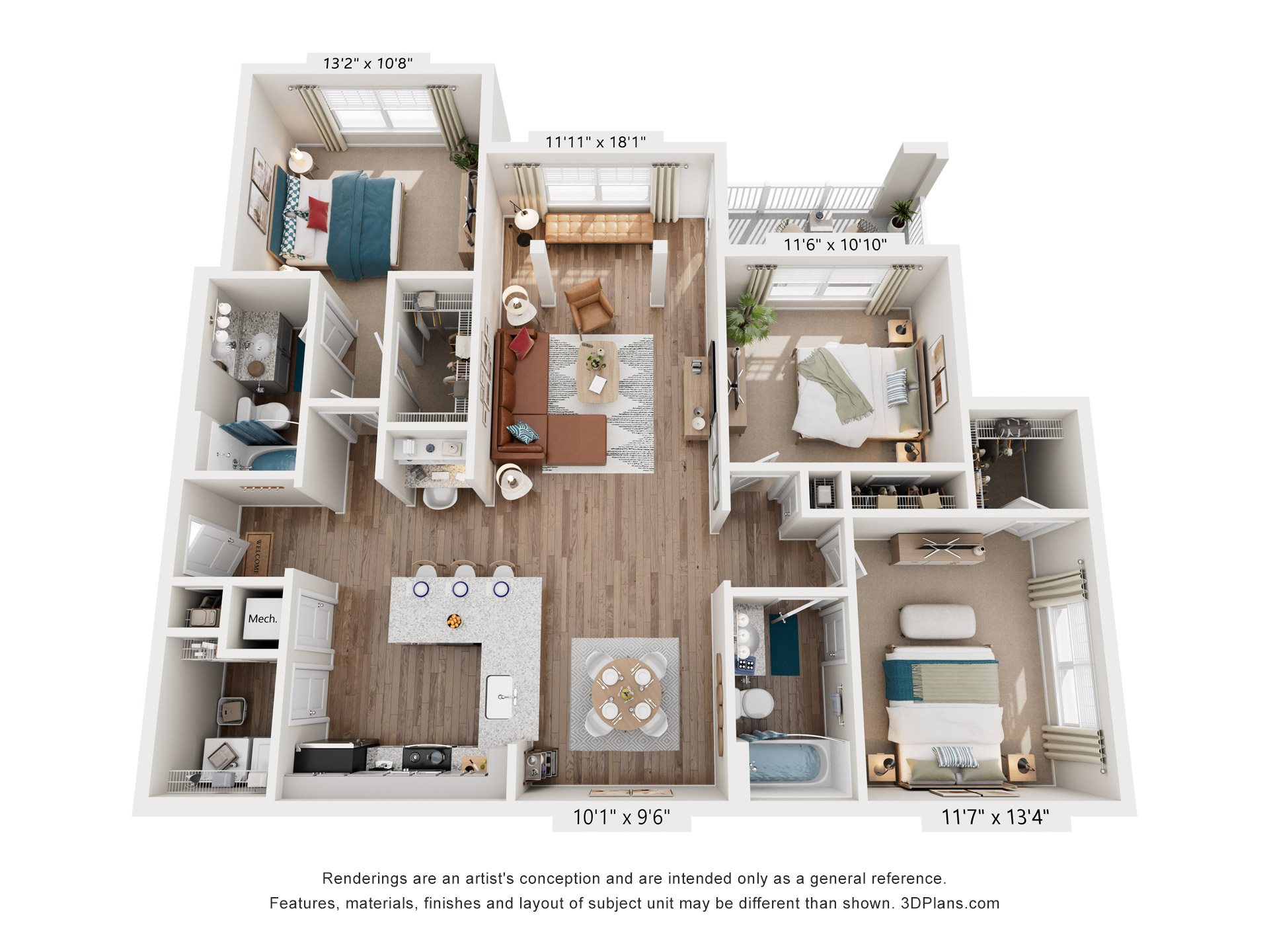 Floor plan for 3 beds, 2 baths, 1499 sqft
